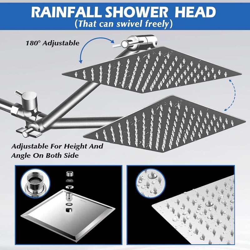 Ashwanth Shower Head,8”Rain Shower Head with Handheld Spray Combo with 11'' Angle Adjustable Extension Arm/Flow Regulator/Shower System,High Pressure Rainfall Shower Head Bathroom,Chrome - Image 4